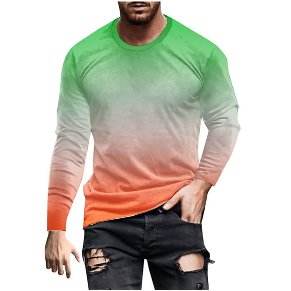 Miluxas Mens Clothing Trendy Printed Long Sleeve Crew Neck Pullover Shirt Gradation Casual Lightweight Regular Fit Shirts Green