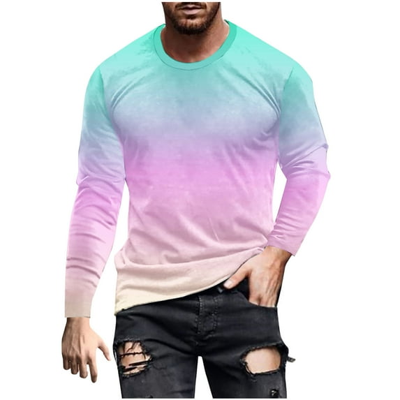 Miluxas Mens Clothing Trendy Printed Long Sleeve Crew Neck Pullover Shirt Gradation Casual Lightweight Regular Fit Shirts Pink
