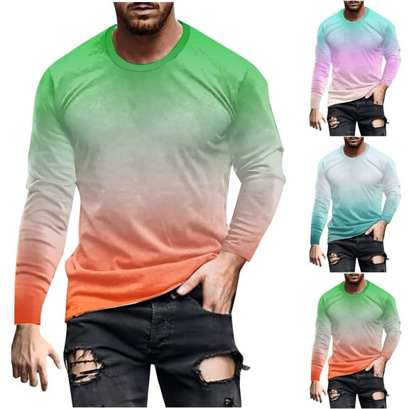 Miluxas Mens Clothing Trendy Printed Long Sleeve Crew Neck Pullover Shirt Gradation Casual Lightweight Regular Fit Shirts Pink