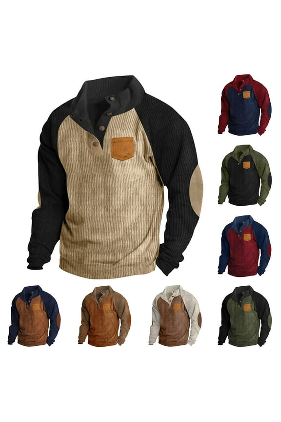 Mens Corduroy Sweatshirts Elbow Patches Long Sleeve Stand Collar 1/4 Button Up Pullover Sweaters Color Block Tops Wine