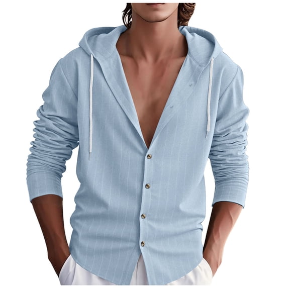 Miluxas Mens Cotton Linen Hoodies Striped Full Button Up Lightweight Breathable Cardigans Long Sleeve Beach Shirt Light Blue