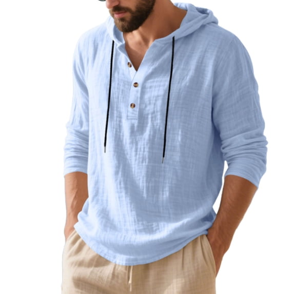 Miluxas Mens Cotton Linen Long Sleeve Hoodies Casual Loose Button Down Drawstring Shirts Fall Lightweight Henley Clothes Light Blue