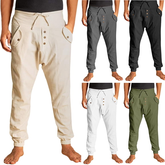 Miluxas Mens Cotton Linen Pants Elastic Waist Casual Lightweight Loose Fit Beach Yoga Pants White