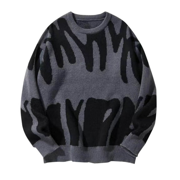 Miluxas Mens Crewneck Oversized Sweaters Y2K Aesthetic Flame Graphic Knitted Sweater Casual Pullover Long Sleeve Jumpers Gray 12(XXL)