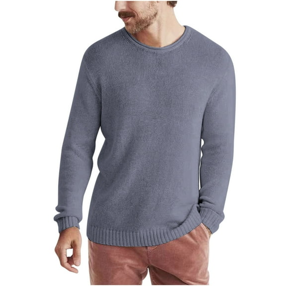 Miluxas Mens Crewneck Pullover Sweater Long Sleeve Solid Color Knitted Sweaters Silver