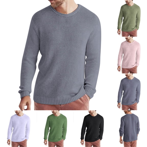Miluxas Mens Crewneck Pullover Sweater Long Sleeve Solid Color Knitted Sweaters White
