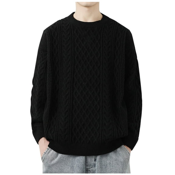 Miluxas Mens Crewneck Sweater Casual Cable Knit Pullover Sweater Drop Shoulder Solid Knitted Sweaters Black
