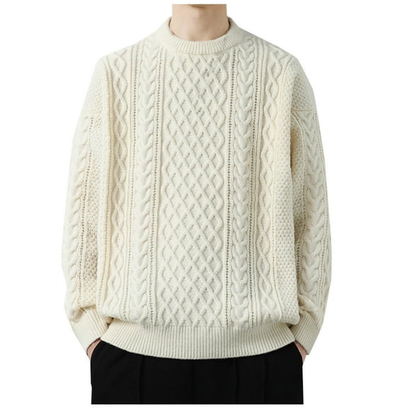 Miluxas Mens Crewneck Sweater Casual Cable Knit Pullover Sweater Drop Shoulder Solid Knitted Sweaters White
