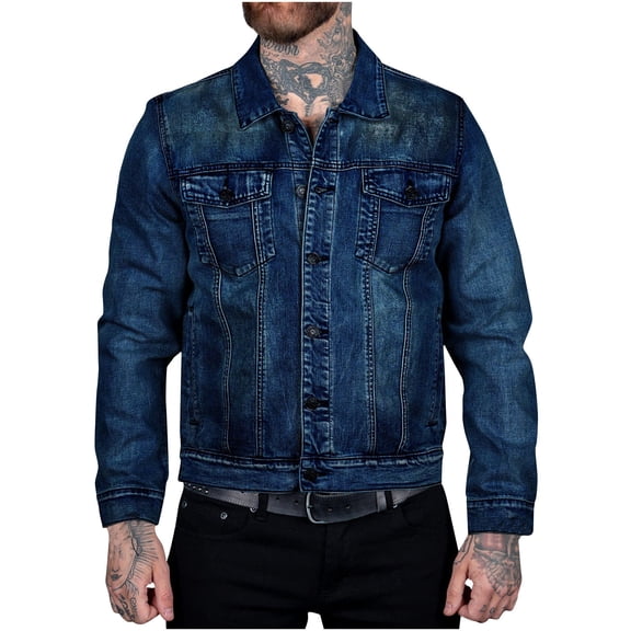 Miluxas Mens Denim Jacket , Washed Ripped Distressed Flex Stretch Casual Trucker Biker Jeans Jacket for Men Dark Blue 10(L)