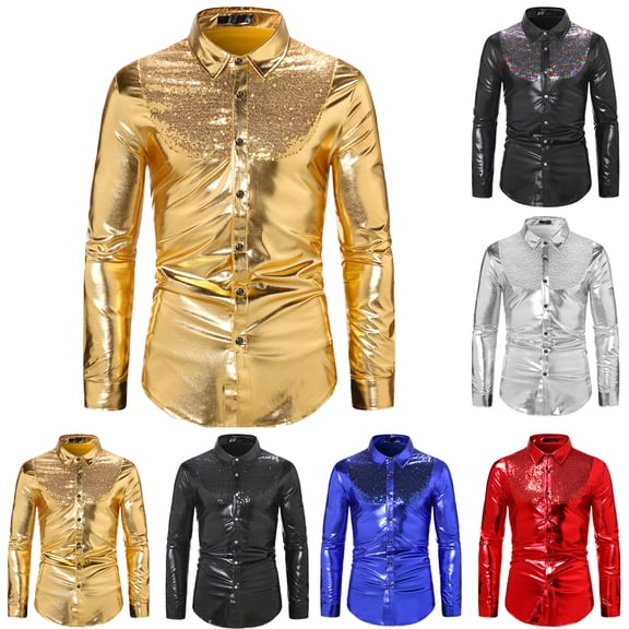 Miluxas Mens Disco Shirt Sequins Satin Shiny Metallic Long Sleeve Button Down Shirts 70s Vintage Cocktail Nightclub Rock Silver