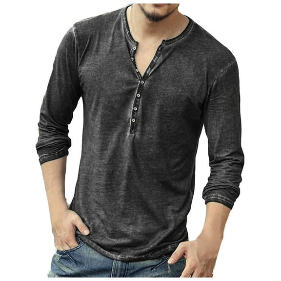 Miluxas Mens Distressed Henley Shirts Front Placket Retro Long Sleeve Tee Shirts Casual Button Down Washed T-Shirts for Men Black