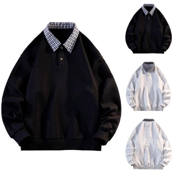 Miluxas Mens Fake Two Pieces Polo Sweatshirt Vintage Plaid Collar Button Pullover Top White