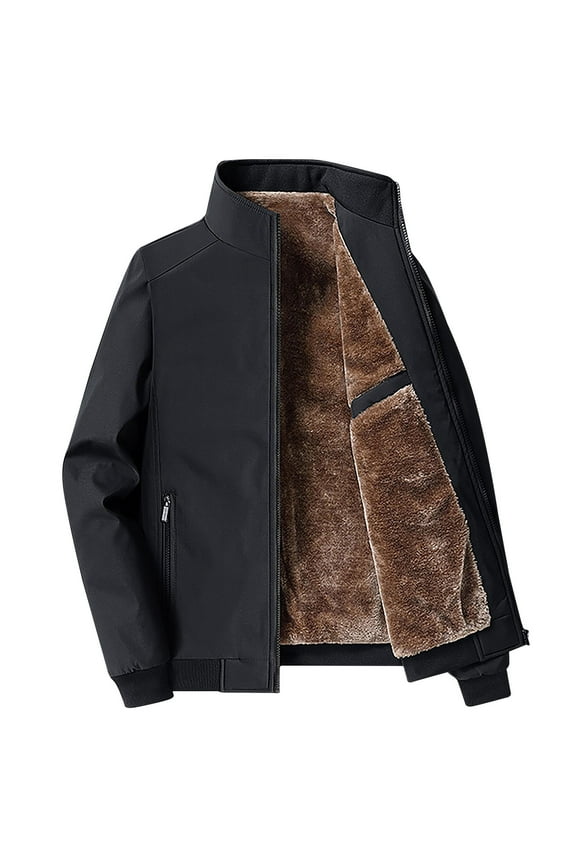 Mens Fashion Plush Thick Jacket Winter Fleece Lined Warm Coat Stand Collar Zipper Pocket Parka Work Cargo Windbreaker Black