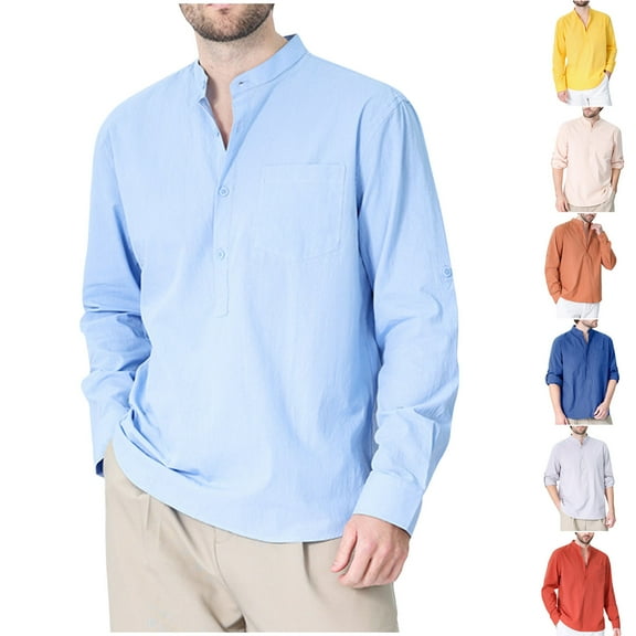 Miluxas Mens Fashion Solid Turndown Collar Half Cardigan Casual Top Shirt Button Yellow