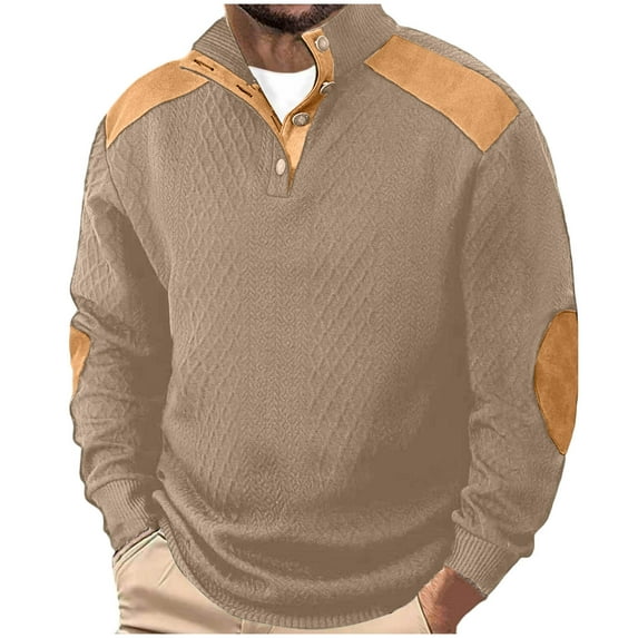 Miluxas Mens Fashion Stand Up Collar Cable Knitted Dress Sweatshirt Pullover with Elbow Patch Khaki S(S)