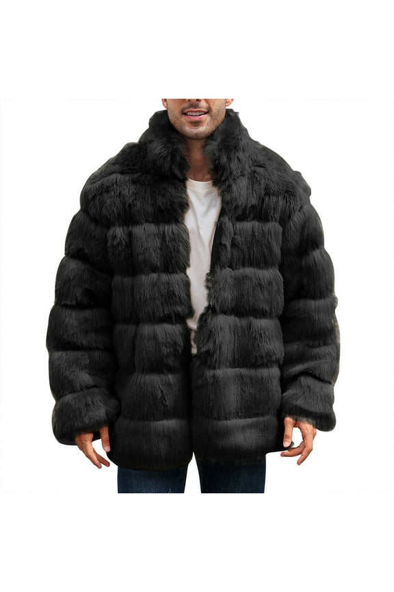 Mens Faux Fur Coat Jacket Long Winter Warm Thicken Furry Overcoat Luxury Fluffy Fur Y2K Cardigan Outerwear Black