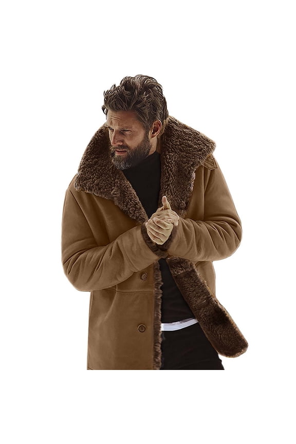 Mens Faux Fur Shearling Coat Casual Winter Warm Jacket Windbreaker Overcoat Long Peacoat Jackets Fashion Khaki