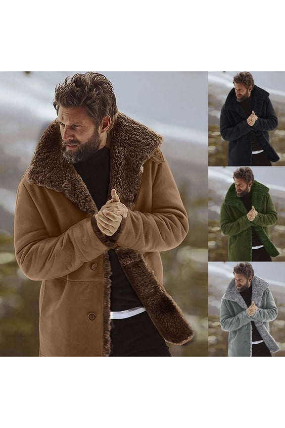 Mens Faux Fur Shearling Coat Casual Winter Warm Jacket Windbreaker Overcoat Long Peacoat Jackets Fashion Khaki