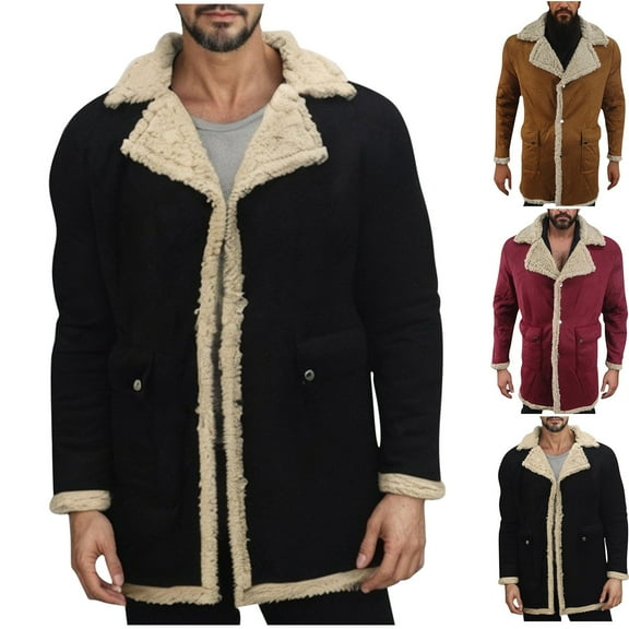Miluxas Mens Faux Fur Shearling Coat Casual Winter Warm Jacket Windbreaker Overcoat Long Peacoat Jackets Fashion Yellow