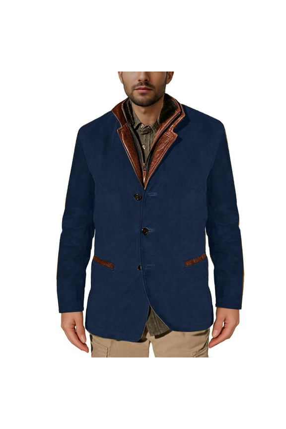 Mens Faux Suede Jacket Vintage Blazers with Pockets Distressed Suit Jackets Fall Winter Coat Button Buckskin Outwear Blue