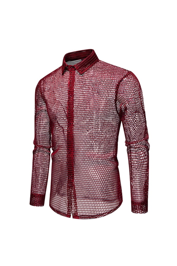 Mens Fishnet See Through Shirts Slim Fit Casual Long Sleeve Button Down Hollow Out Sheer Shirts Party Night Club Wear Red L(L)