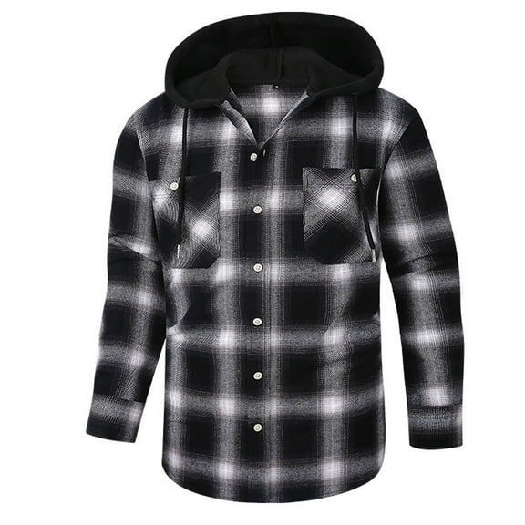 Miluxas Mens Flannel Hoodie Shirts Long Sleeve Casual Plaid Jacket Cotton Button Down Flannel Shirt for Men Black
