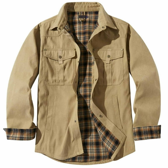 Miluxas Mens Flannel Lined Shirt Jacket Lightweight Snap Button Western Jacket Rugged Outdoor Cowboy Shirts Jackets Khaki