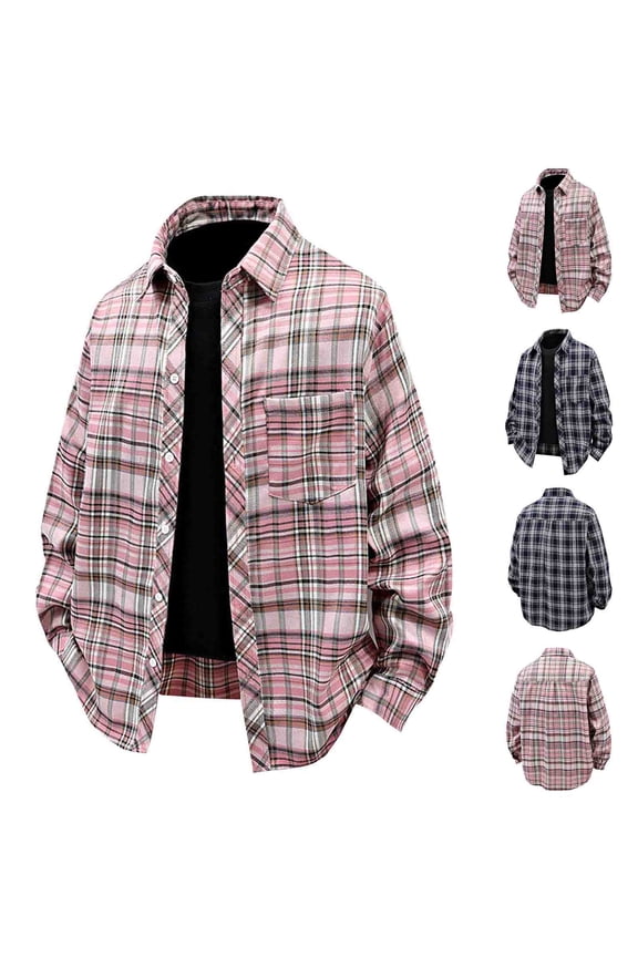 Mens Flannel Plaid Shirt Casual Long Sleeve Button Down Shirts with Pockets Pink