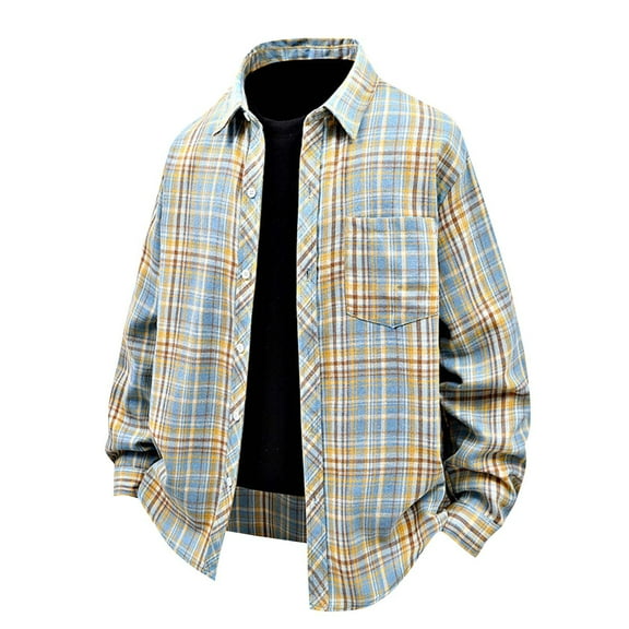 Miluxas Mens Flannel Plaid Shirts Long Sleeve Casual Button Down Cotton Shirt with Pocket Yellow