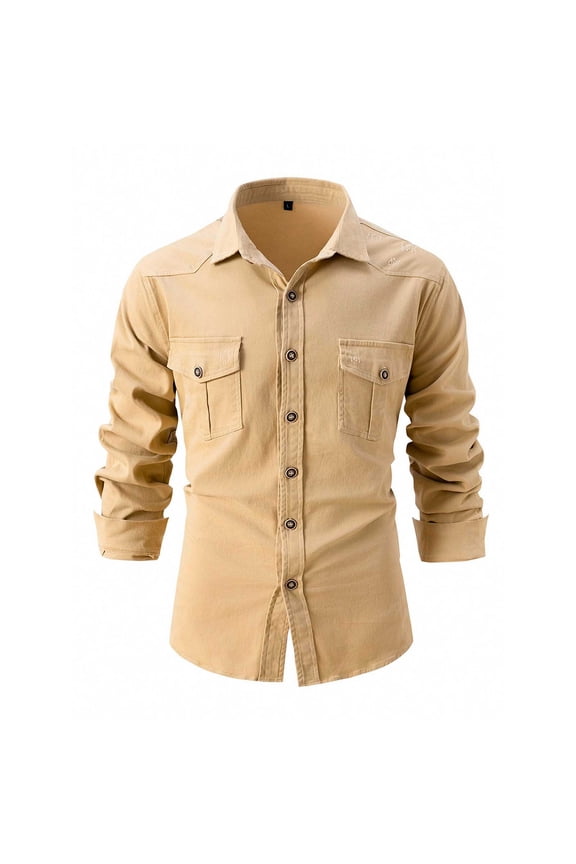 Mens Flannel Shirt Long Sleeve Button Down Relaxed Fit Khaki