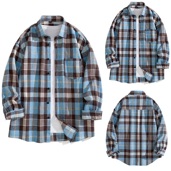 Miluxas Mens Flannel Shirts Long Sleeve Lightweight Plaid Shirt Casual Button Down Shirts Jacket Light Blue