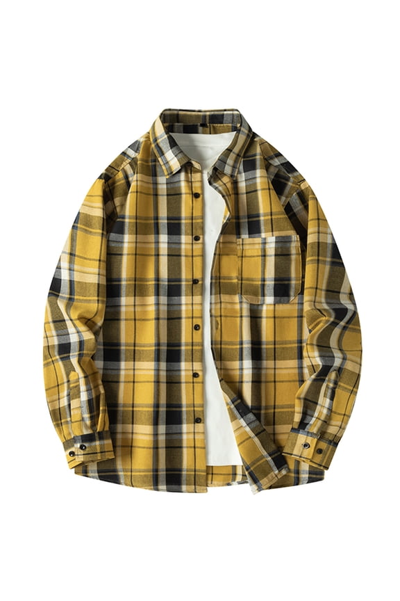 Mens Flannel Shirts Long Sleeve Lightweight Plaid Shirt Casual Button Down Shirts Jacket Yellow