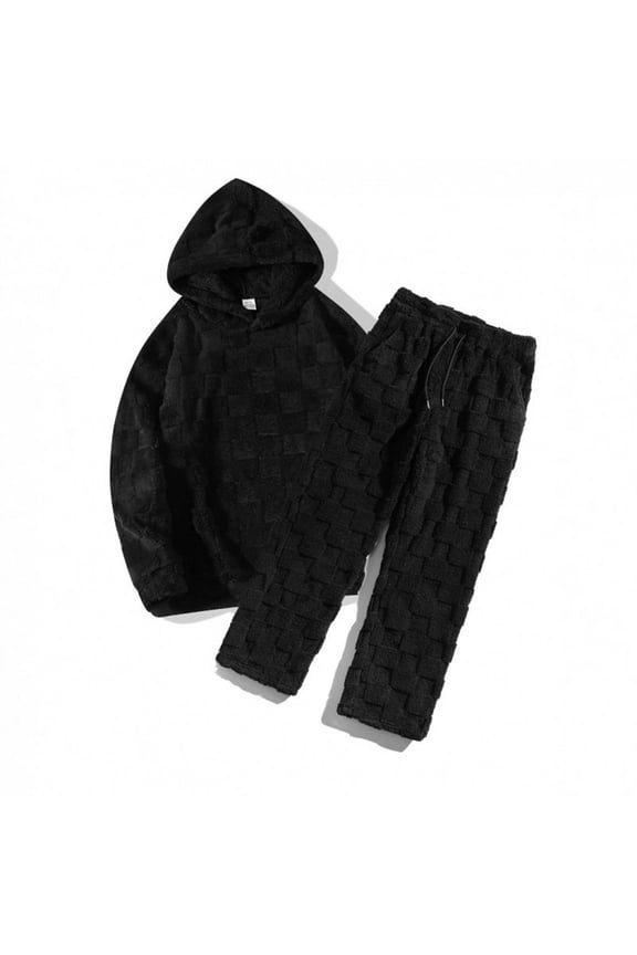 Mens Fleece Lined Track Suits 2 Piece Sets Fuzzy Sherpa-Lined Hooded Sweatshirt and Pants Plaid Loungewear Sleepwear Black