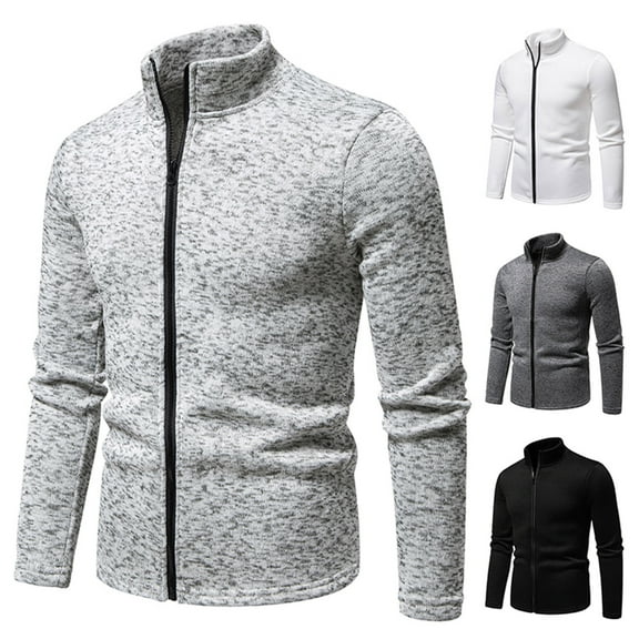 Miluxas Mens Full Zip Cardigan Sweater Casual Mock Neck Cable Knitted Winter Chunky Sweaters White