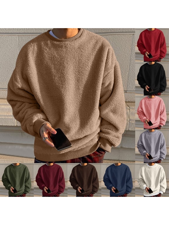 Mens Fuzzy Sherpa Sweatshirt Long Sleeve Fluffy Crew Neck Pullover Cozy Basic Unisex Fall Winter Warm Tops White