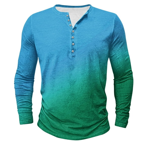 Miluxas Mens Gradient Color Shirts Fashion Crew Neck Button Long Sleeve Pullover Tops Fall Printed Slim Fit Relaxed T Shirt Green