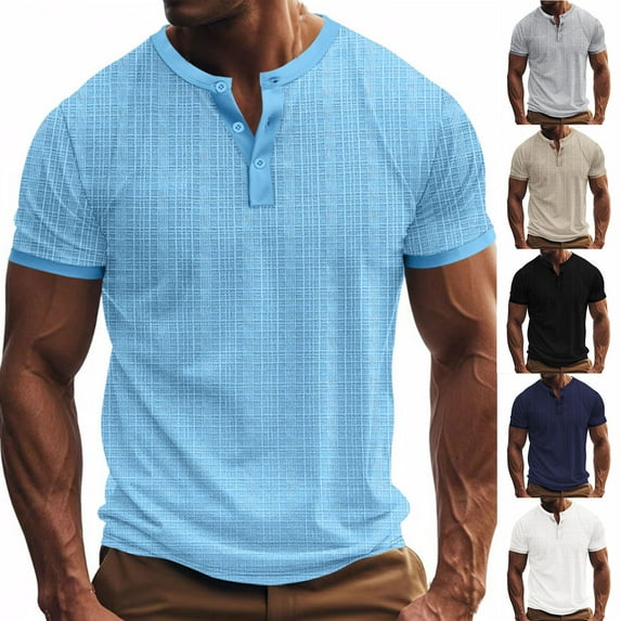 Miluxas Mens Henley Beach Shirts Short Sleeve Collar Casual Summer T-Shirt Fashion Collarless Tees Shirts White XL(XL)