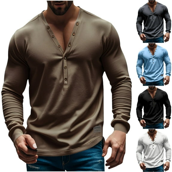 Miluxas Mens Henley Long Sleeve Shirts Front Placket Casual T-Shirts Washed Soft Classic Tee White
