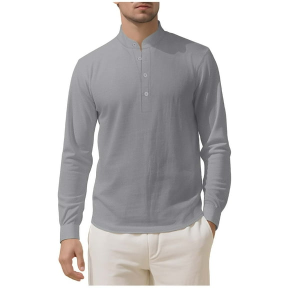 Miluxas Mens Henley Long Sleeve Shirts Linen Button Casual Basic Lightweight Tops Gray S(S)
