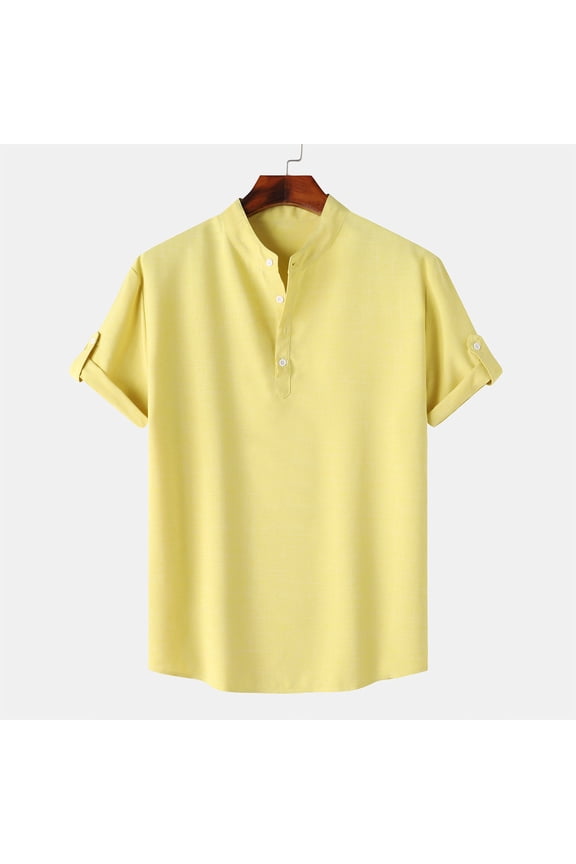 Mens Henley Shirt Short Sleeve Basic Button-Down T-Shirt Solid Color Henley Shirt for Men Yellow 10(L)