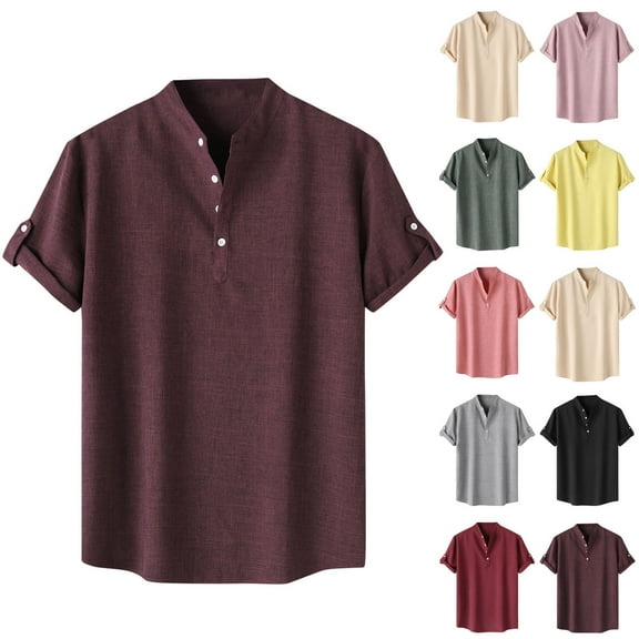 Miluxas Mens Henley Shirt Short Sleeve Basic Button-Down T-Shirt Solid Color Henley Shirt for Men Yellow 12(XL)