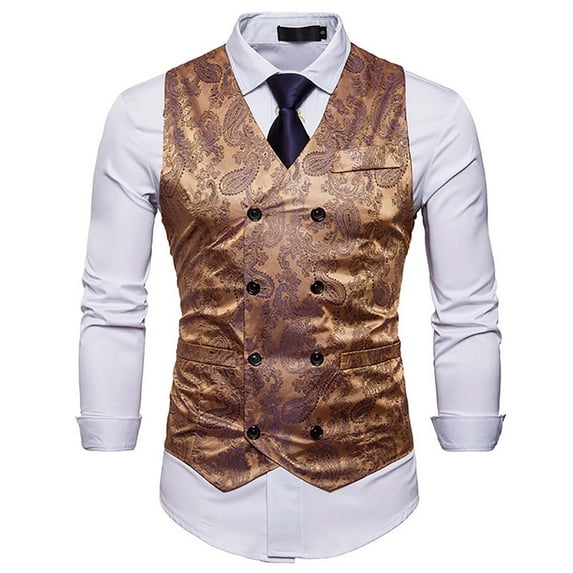 Miluxas Mens Hipster Metallic Paisley Printed Single Breasted V-Neck Suit Vest/Tuxedo Waistcoat Gold 6(M)