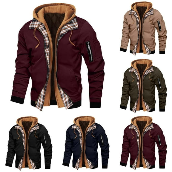 Miluxas Mens Hooded Coat Fall Winter Trendy Color Contrast Jacket Casual Full Zip Long Sleeve Hoodies Jacket with Pocket Wine