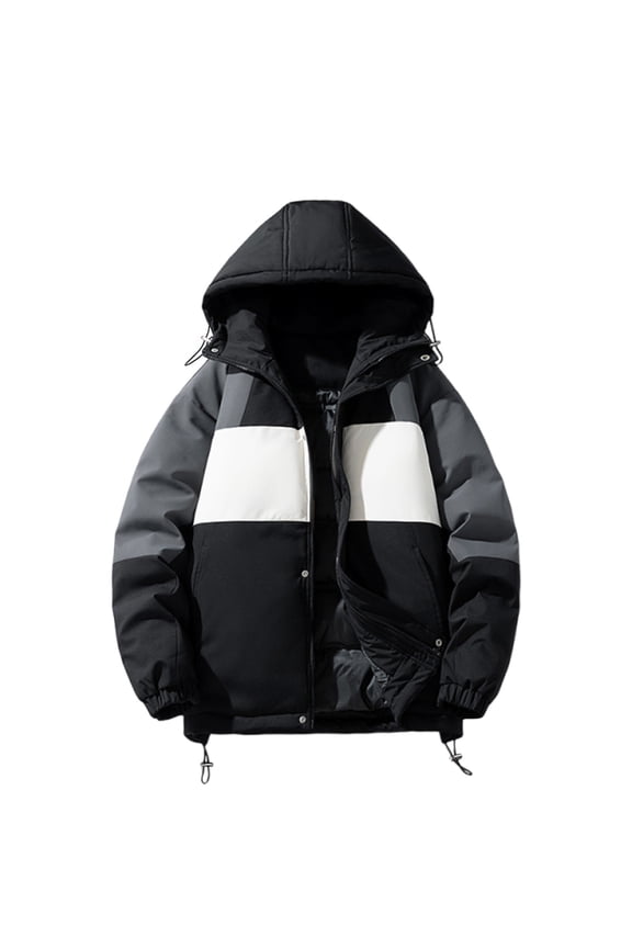 Mens Hooded Drawstring Quilted Coat Windproof Full Zip Short Cotton-Padded Jacket Slim Fit Trendy Bubble Jacket Black