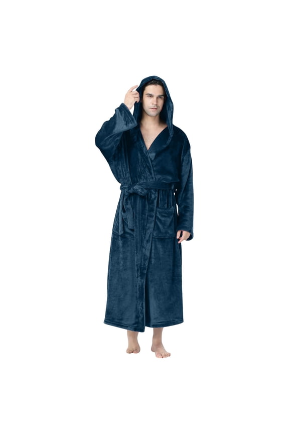Mens Hooded Robe , Plush Robes for Men Long Fleece Bathrobe Navy 6(M)