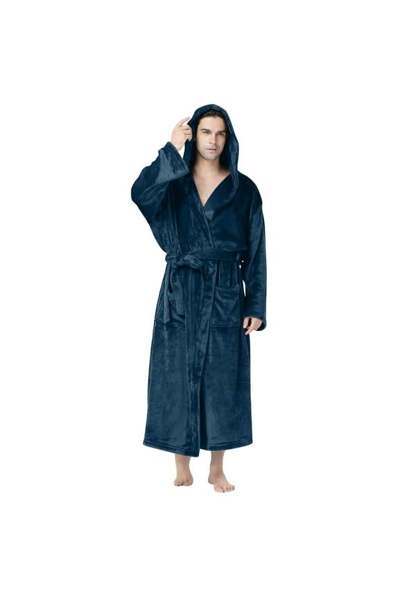 Mens Hooded Robe , Plush Robes for Men Long Fleece Bathrobe Navy 8(L)
