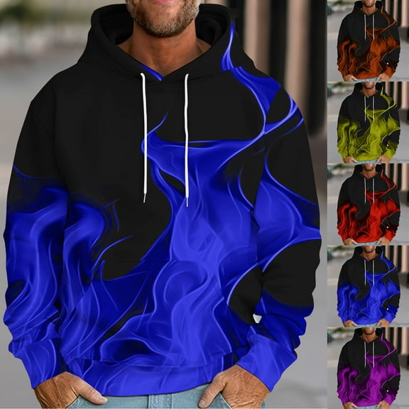 Miluxas Mens Hoodies Big and Tall Drawstring Causal Long Sleeve 3D Flame Print Graphic Pullover Crewneck Sweatshirts Yellow