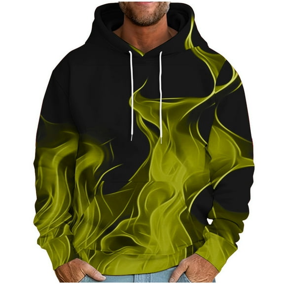 Miluxas Mens Hoodies Big and Tall Drawstring Causal Long Sleeve 3D Flame Print Graphic Pullover Crewneck Sweatshirts Yellow