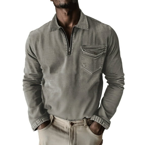 Miluxas Mens Knit Polo Shirt Quarter Zip Slim Fit Pullover Long Sleeve Sweater Polo Gray