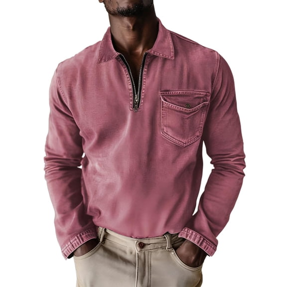 Miluxas Mens Knit Polo Shirt Quarter Zip Slim Fit Pullover Long Sleeve Sweater Polo Pink